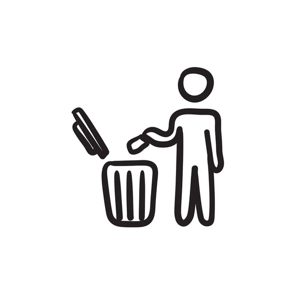 Hombre tirando basura en un icono de boceto de cubo . — Archivo Imágenes Vectoriales