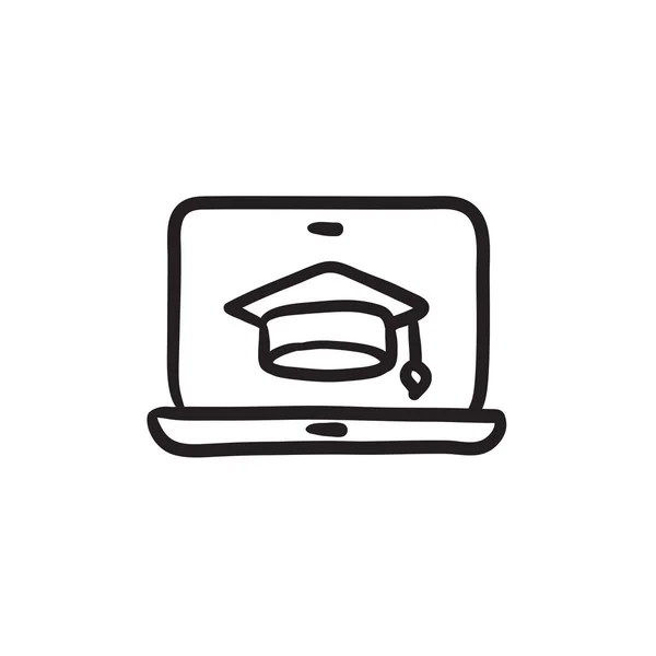 Laptop com tampa de graduação no ícone de esboço de tela . —  Vetores de Stock
