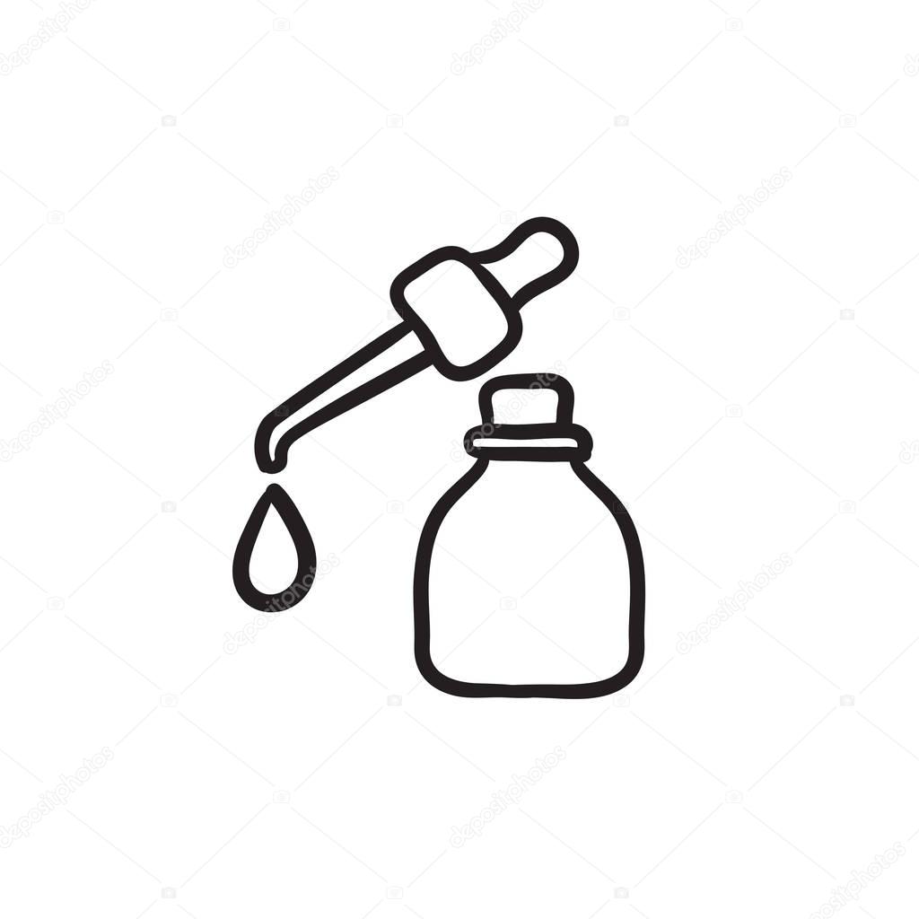 Bottle of essential oil and pipette sketch icon.
