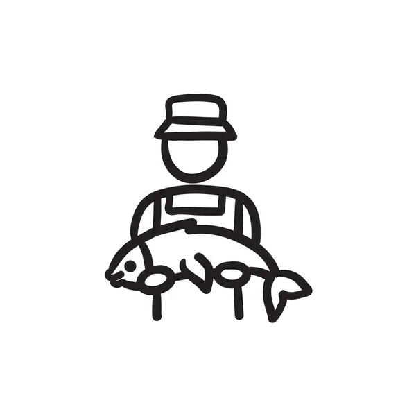 Pescador con gran icono de boceto de pescado . — Vector de stock