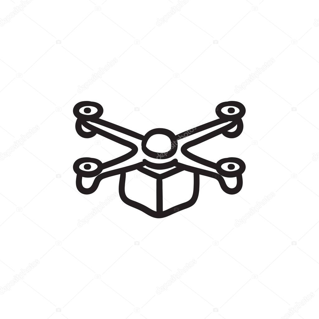 Drone delivering package sketch icon.