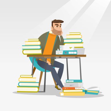 Kitap yığınları ile masadan öğrenci.