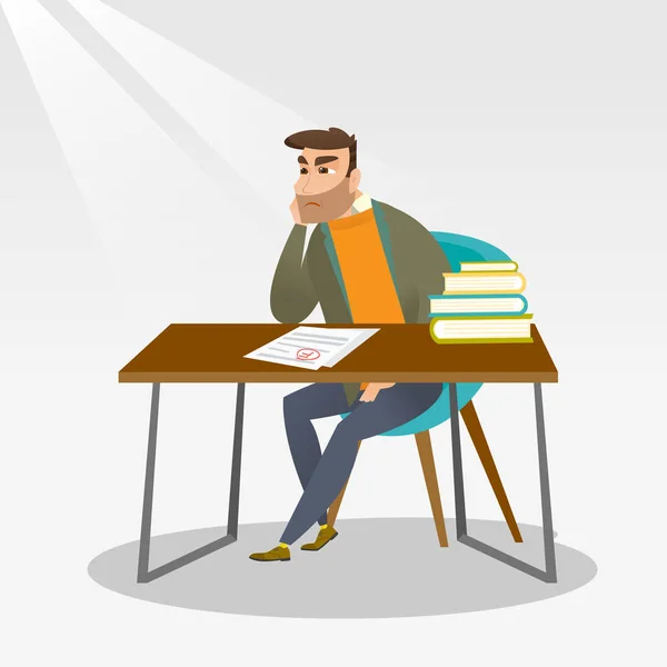 Sad student looking at test paper with bad mark. — Stock Vector