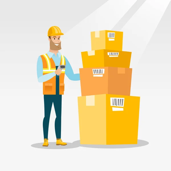 Warehouse worker scanning barcode on box. — Stock Vector