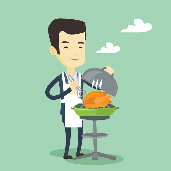 Man koken kip op de barbecue grill. — Stockvector