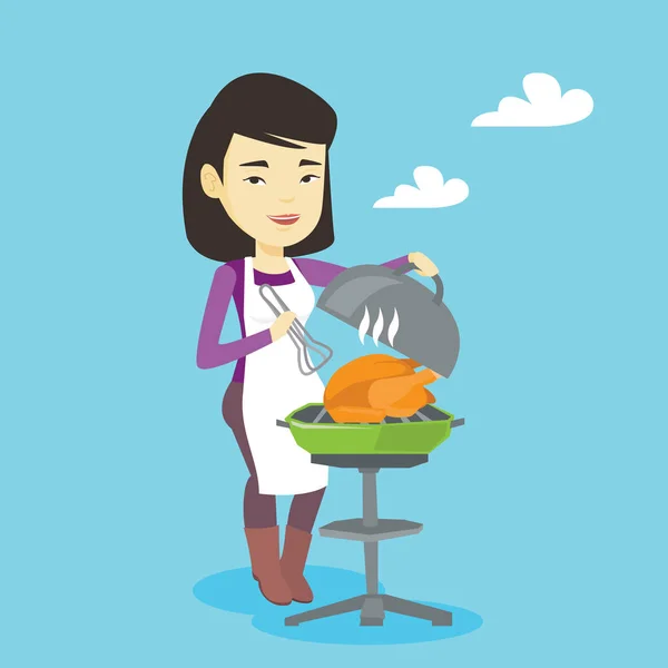 Nő főzés csirke, Barbecue grill. — Stock Vector