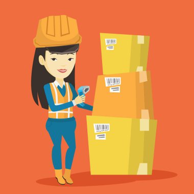 İşçi tarama barkod kutusu üzerinde ambar.