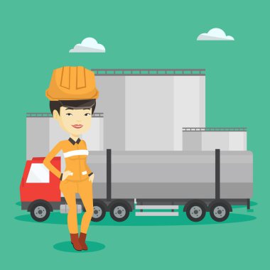 Yakıt kamyonu ve petrol tesisi arka plan üzerinde çalışan.