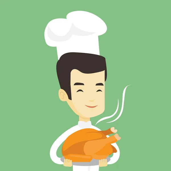 Chief cook holding roasted chicken. — Stock Vector