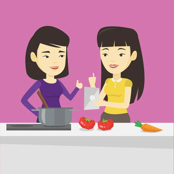 Women cooking healthy vegetable meal. — Stock Vector