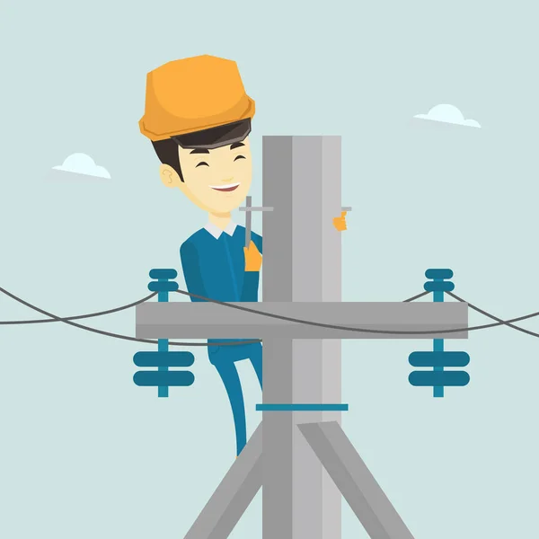 Electrician working on electric power pole. — Stock Vector