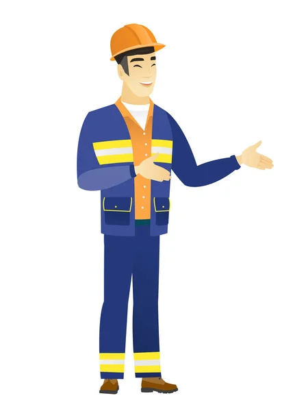 Young asian happy builder gesturing. — Stock Vector