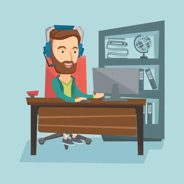 Business man with headset working at office. — Stock Vector