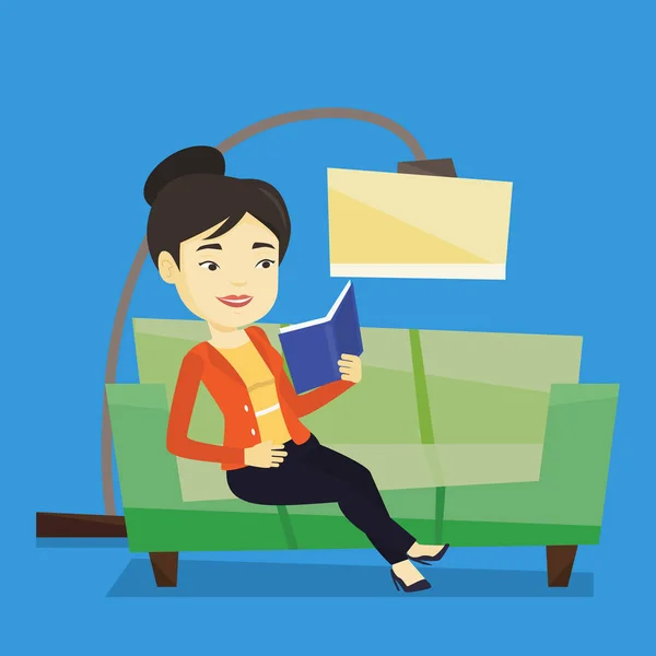 Mulher leitura livro sobre sofá vetor ilustração . — Vetor de Stock