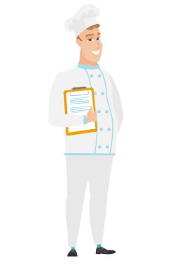 Pano belgelerle elinde şef aşçı.