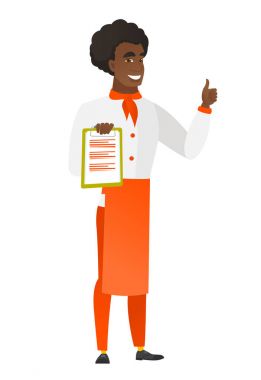 Şef yemek başparmak pes pano ile.