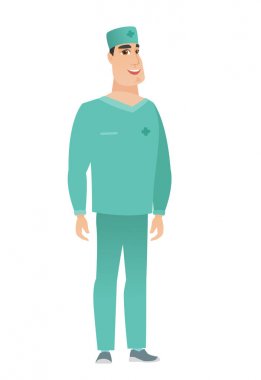 Üniformalı genç beyaz mutlu doktor.