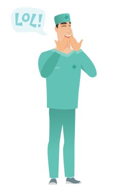 Kahkahalarla gülmekten genç beyaz doktor.