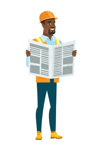 Constructor afroamericano leyendo periódico . — Vector de stock