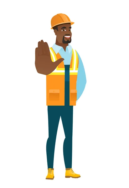 Africano-americano construtor mostrando palma mão . — Vetor de Stock