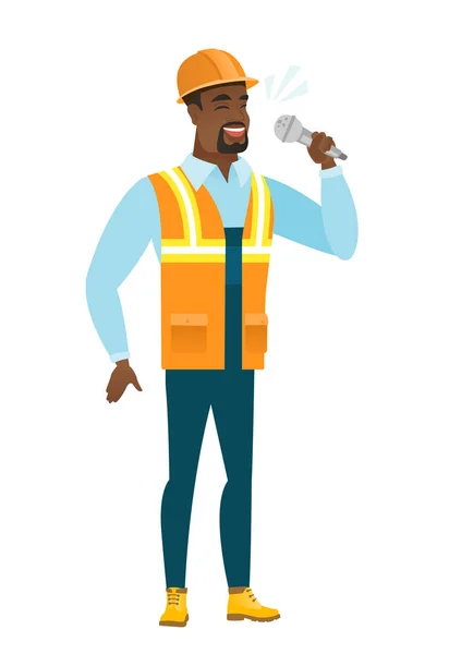 Constructeur afro-américain chantant au microphone — Image vectorielle