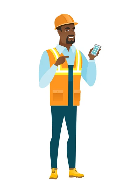 Afro-amerikai builder egy mobil telefon tartó. — Stock Vector