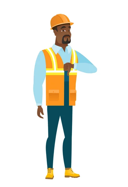 Disappointed african builder with thumb down. — Stock Vector