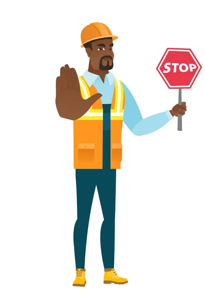 Africano-americano construtor segurando stop road sign . —  Vetores de Stock