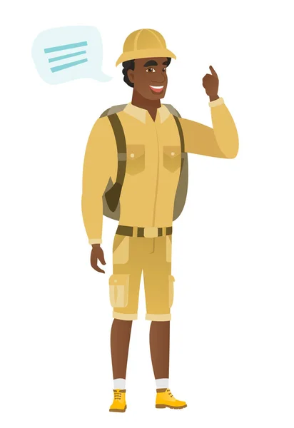Young african-american traveler with speech bubble — Stock Vector
