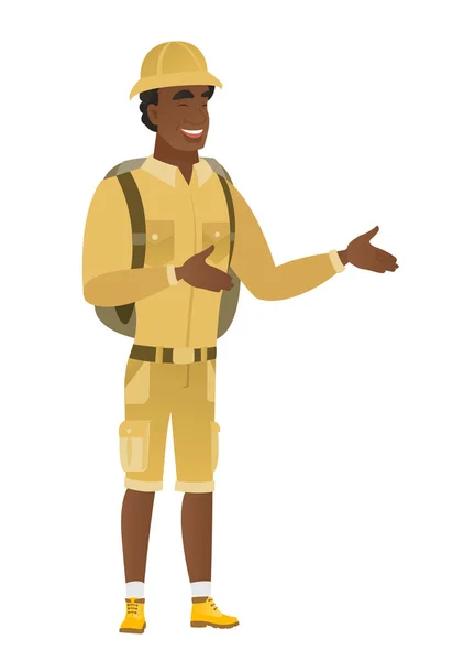Jeune afro-américain heureux voyageur geste . — Image vectorielle