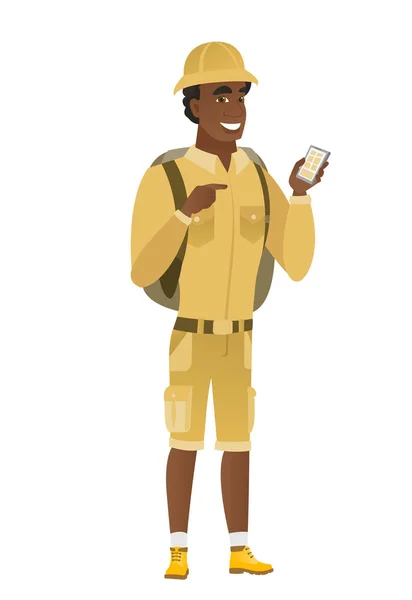 African-american traveler holding a mobile phone. — Stock Vector