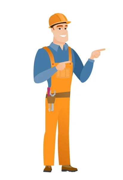 Young caucasian builder pointing to the side. — Stock Vector