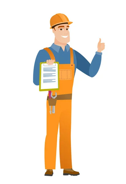 Builder with clipboard giving thumb up. — Stock Vector