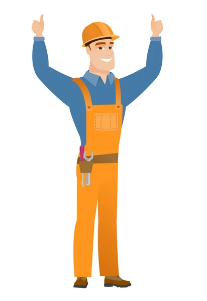 Builder standing with raised arms up. — Stock Vector
