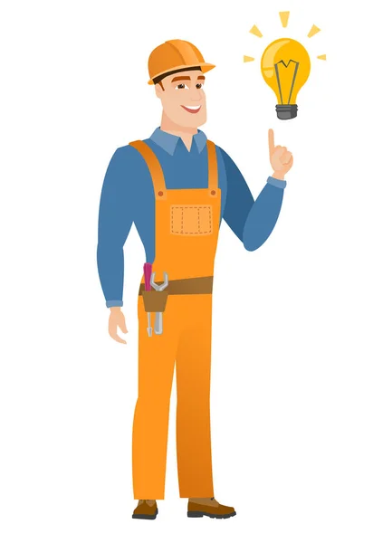 Builder pointing at bright idea light bulb. — Stock Vector