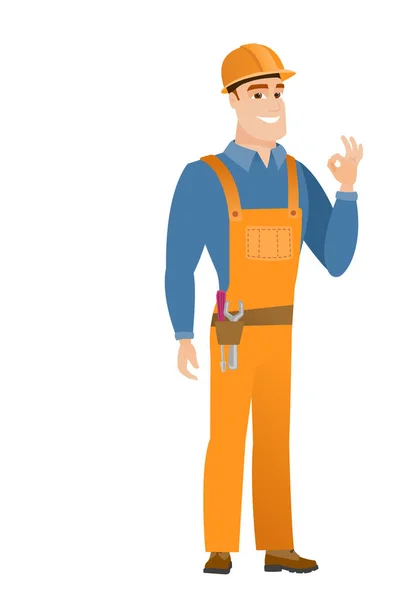 Smiling builder showing ok sign. — Stock Vector