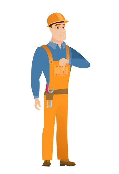 Disappointed caucasian builder with thumb down — Stock Vector