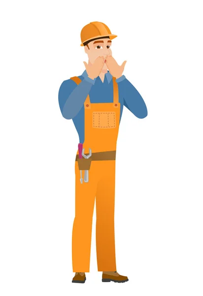 Shoked caucasian builder covering his mouth. — Stock Vector