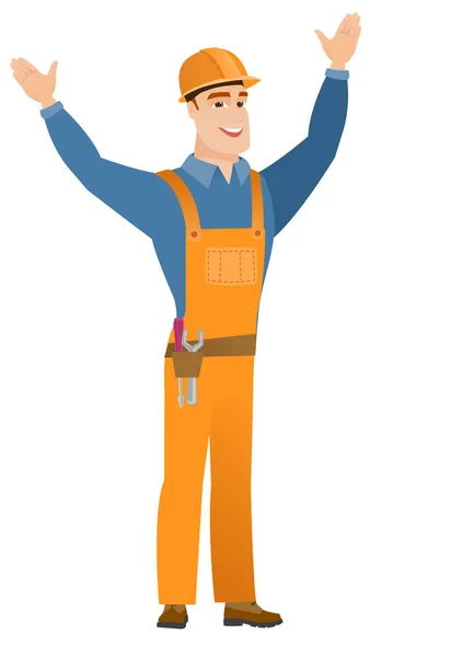 Constructor standing with raised arms up. — Stock Vector