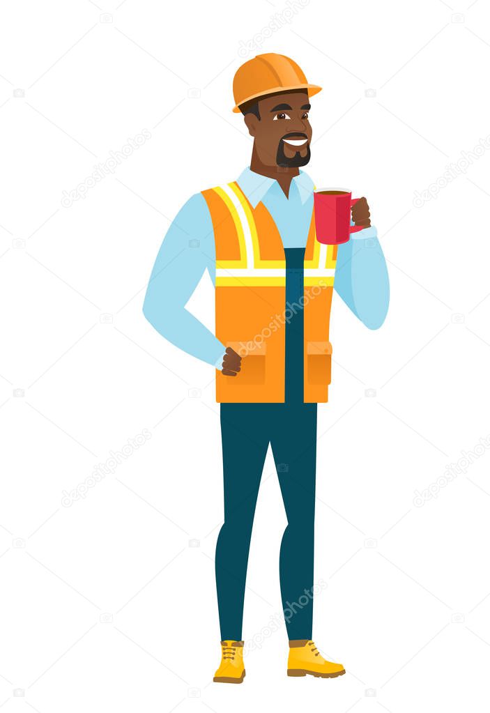 African-american builder holding cup of coffee.