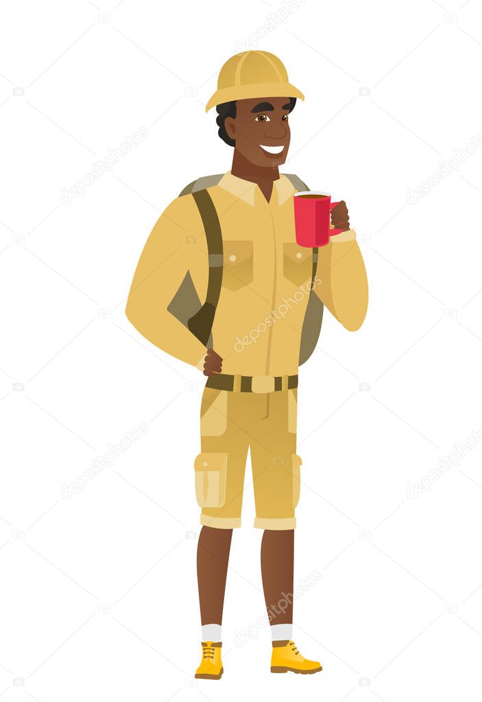 African-american traveler holding cup of coffee.