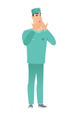 Shoked beyaz doktor ağzını kapsayan.