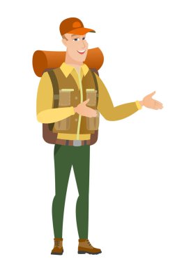 Genç Beyaz mutlu traveler el hareketi.