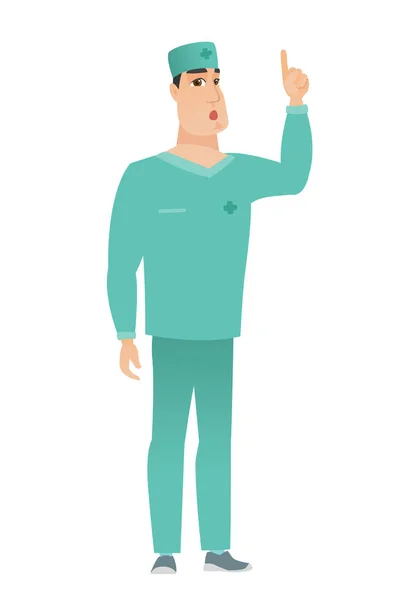 Doctor with open mouth pointing finger up. — Stock Vector
