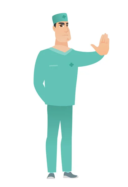 Kaukasischer Arzt zeigt Stop-Hand-Geste. — Stockvektor