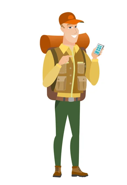 Caucasian traveler holding a mobile phone. — Stock Vector