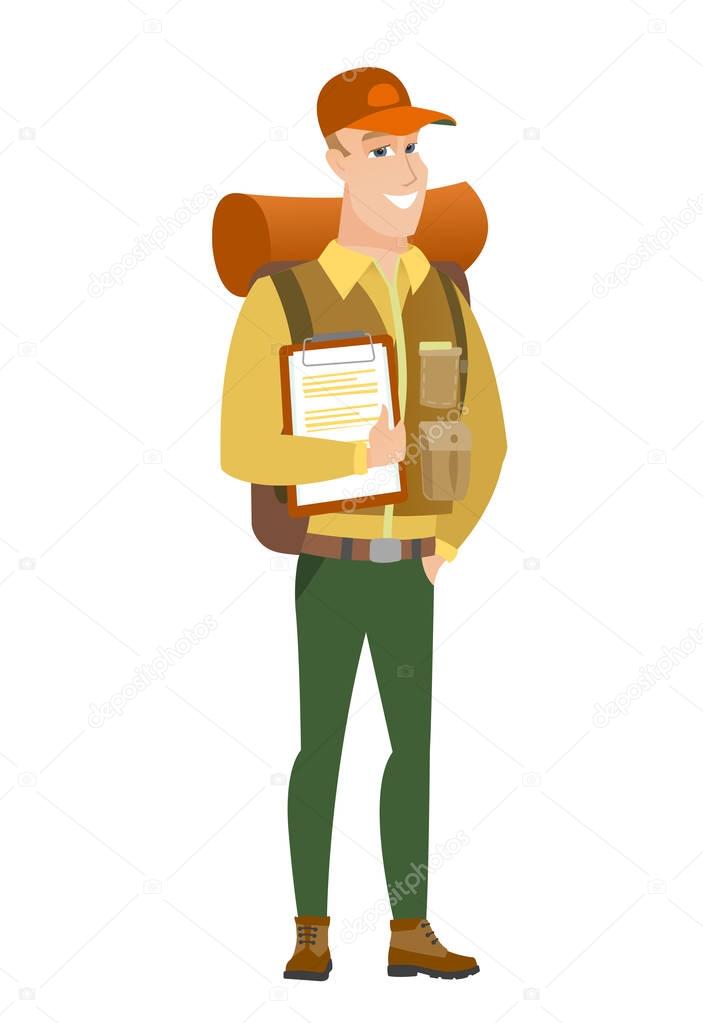Traveler holding clipboard with papers.