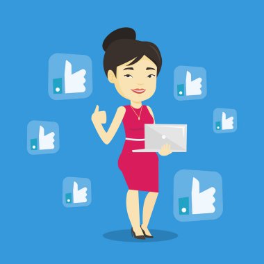 Sosyal ağ düğmeler gibi olan kadın.