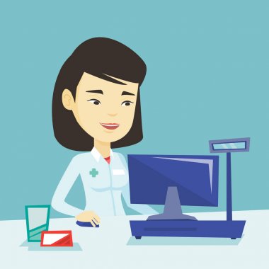 Eczacı kasaya para kutusu.