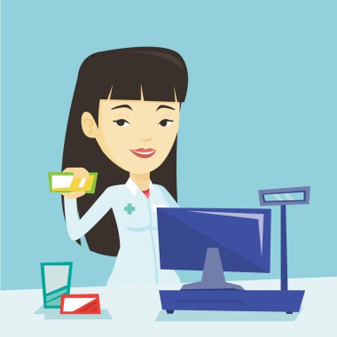 Biraz ilaç gösterilen eczacı.